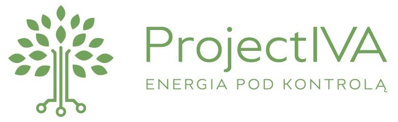 Pełne logo ProjectIVA. Składa się z zielonego symbolu drzewa, którego pień przypomina połączenia elektryczne, oraz zielonego napisu z nazwą marki i sloganem "ENERGIA POD KONTROLĄ" umieszczonym pod spodem.