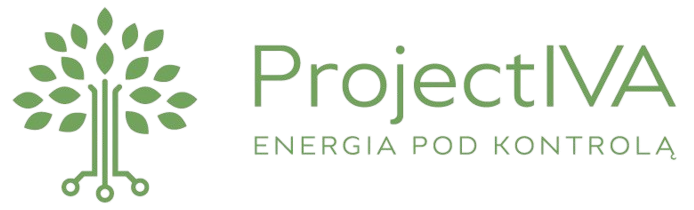 Poziome logo firmy ProjectIVA. Po lewej stronie znajduje się zielona ikona drzewa ze stylizowanym pniem w formie ścieżek elektronicznych. Po prawej stronie widnieje napis "ProjectIVA", a pod nim mniejszym drukiem hasło "ENERGIA POD KONTROLĄ". Całość w odcieniach zieleni.